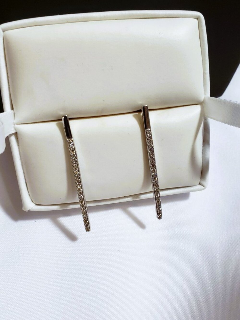 925 Sterling Silver Crystal Pave Thin Bar Drop Earrings - Post Back